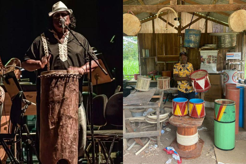 Waldo Mafra, o mestre Barrô, e Pedro Bolão em ateliê localizado no Quilombo do Curiaú (Fotos: Divulgação)