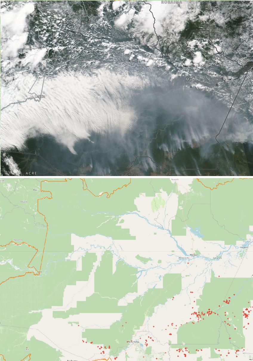 Comparação do dia 10 de agosto entre imagens da Nasa e do INPE mostram locais de origem dos focos de fumaça, em sua maioria no Sul do Amazonas (Imagens: Nasa e INPE)