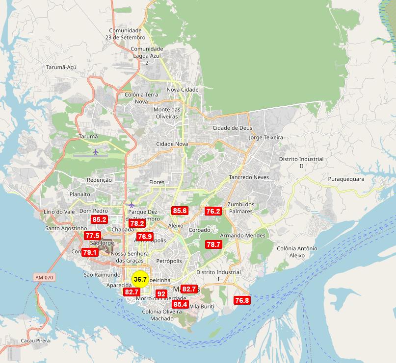 Apesar de ter tido leve melhora em relação aos dias anteriores, a qualidade do ar em Manaus nesta segunda-feira (12) ainda é considerada péssima em toda a capital (Foto: App Selva)