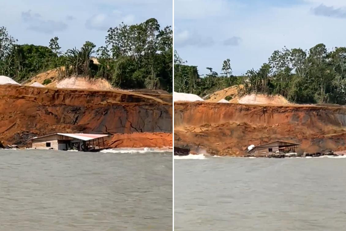 Imagens foram gravadas no momento exato em que parte do barranco cede no rio, provocando fortes ondas que atingem em cheio o flutuante (Imagens: Reprodução)