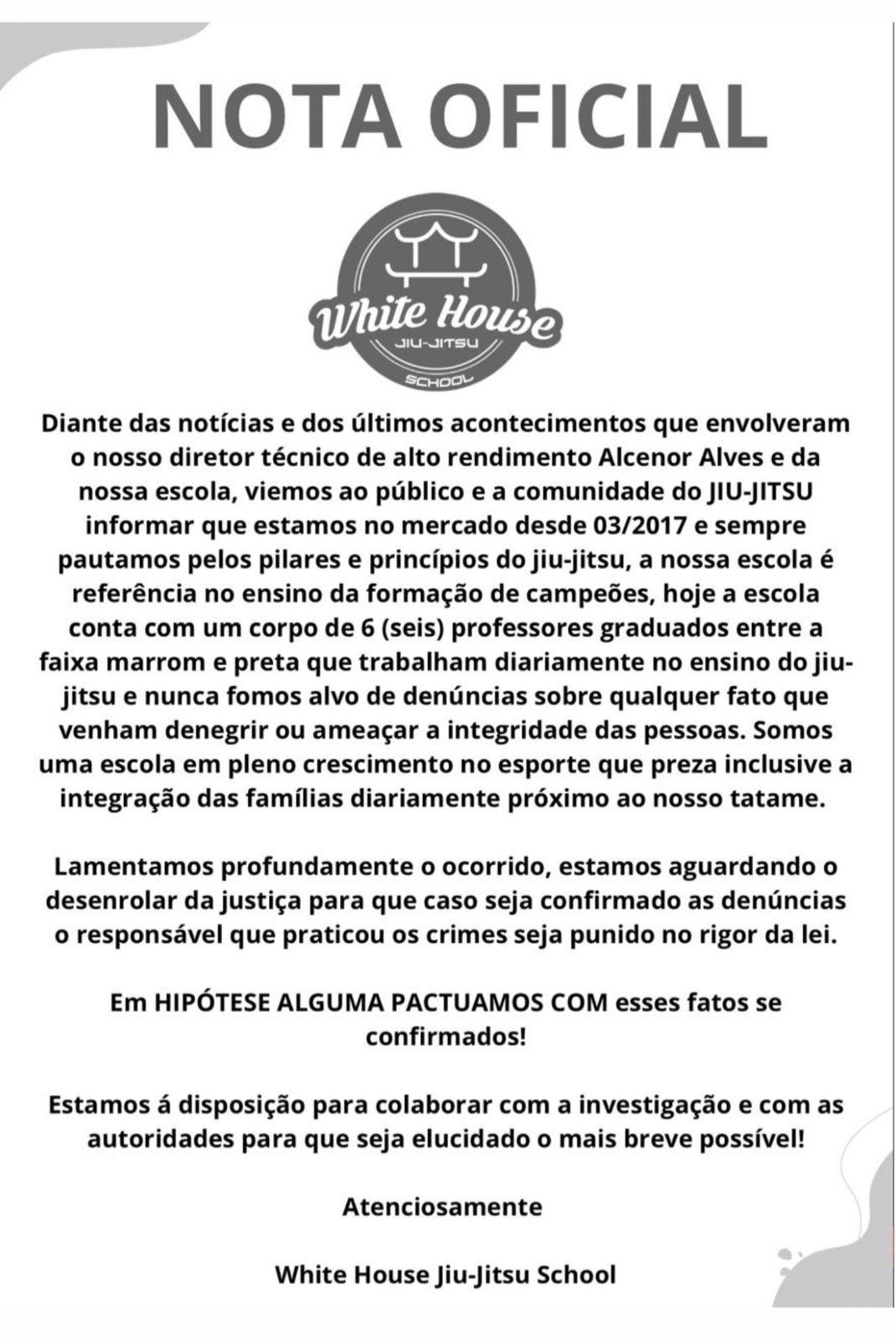 Nota oficial da White House Jiu-Jítsu School. (Imagem: Reprodução)